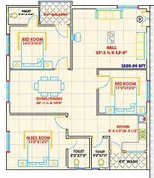 Floor plan of 3 BHK 1400 Sq. Ft. Apartment in Splendid Trinity Woods, Bangalore