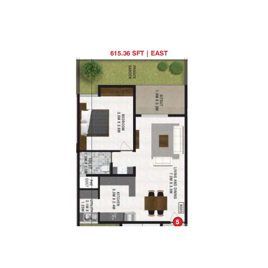 1 BHK 615 Sq. Ft. Apartment