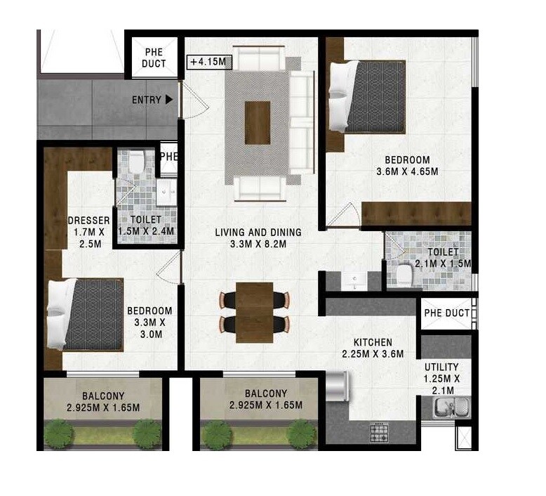 Floor plan of 2 BHK 1090 Sq. Ft. Apartment in Springseas Crosswinds, Bangalore