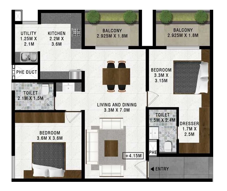 Floor plan of 2 BHK 1300 Sq. Ft. Apartment in Springseas Crosswinds, Bangalore