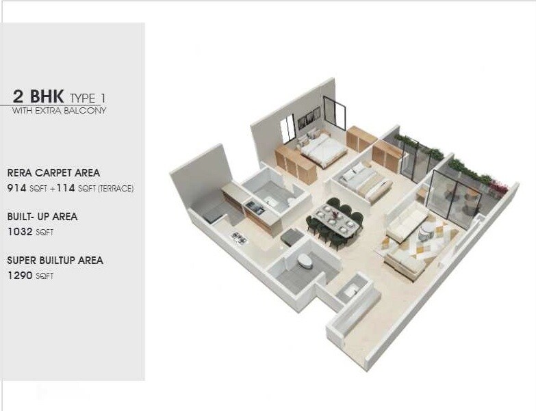 Floor plan of 2 BHK 1290 Sq. Ft. Apartment in Springseas Windchimes, Bangalore