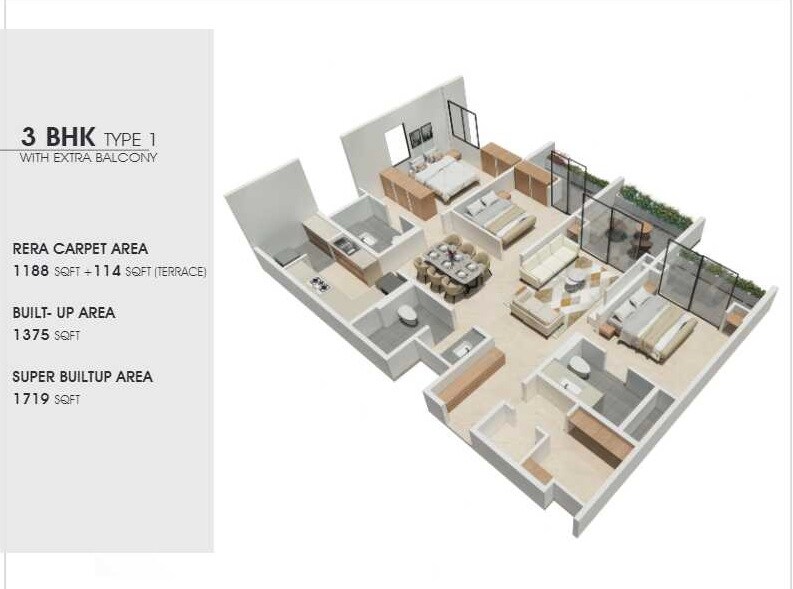 Floor plan of 3 BHK 1719 Sq. Ft. Apartment in Springseas Windchimes, Bangalore