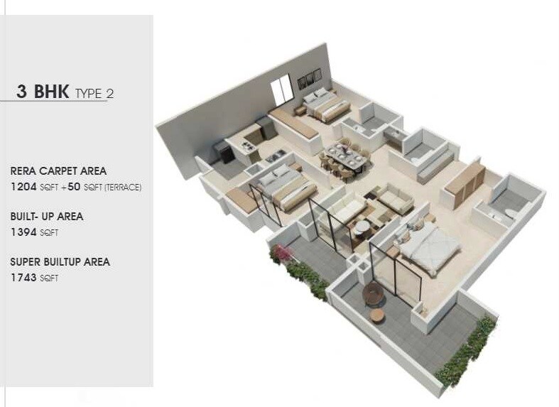 Floor plan of 3 BHK 1743 Sq. Ft. Apartment in Springseas Windchimes, Bangalore