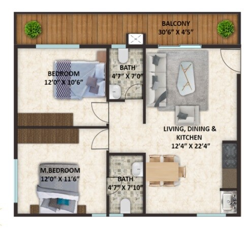 Floor plan of 2 BHK 1204 Sq. Ft. Apartment in SPT Crafted Living, Bangalore