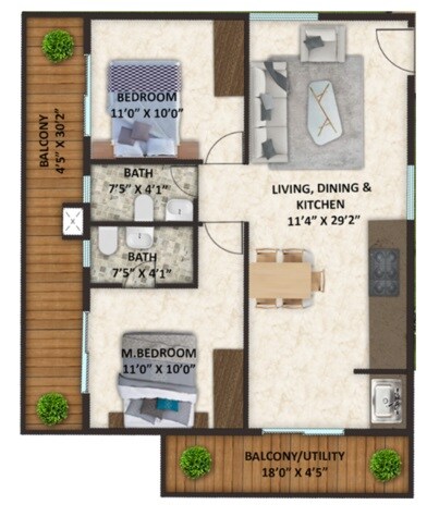 Floor plan of 2 BHK 987 Sq. Ft. Apartment in SPT Crafted Living, Bangalore