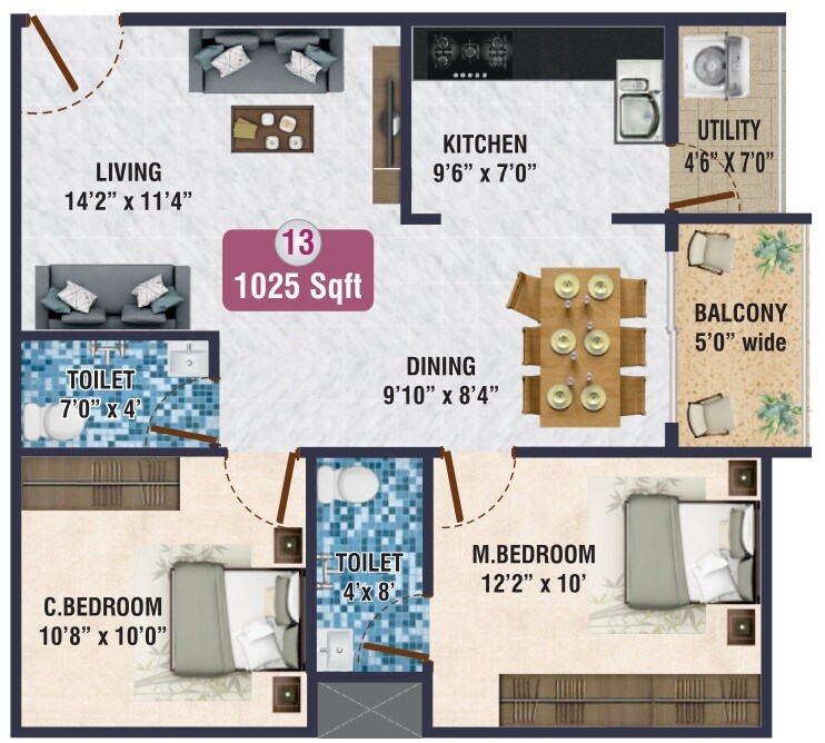 Floor plan of 2 BHK 1025 Sq. Ft. Apartment in SR Sky Blue, Bangalore