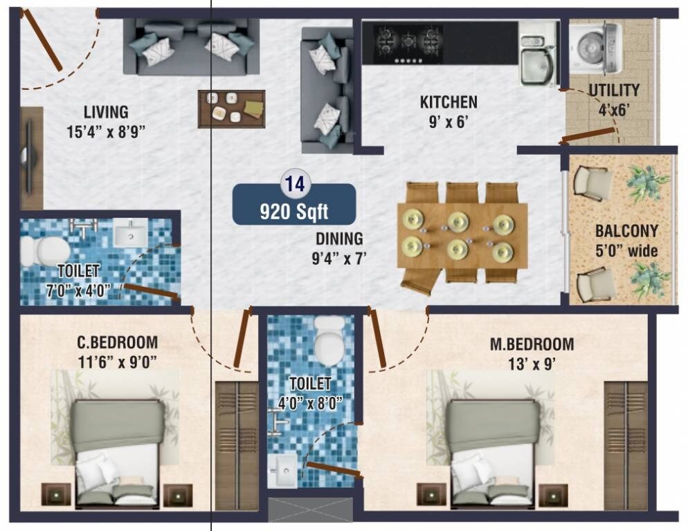 Floor plan of 2 BHK 920 Sq. Ft. Apartment in SR Sky Blue, Bangalore