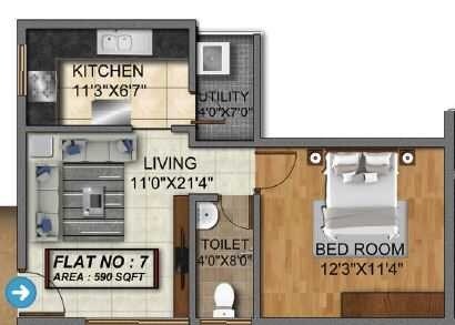 Floor plan of 1 BHK 590 Sq. Ft. Apartment in SR Suvarna Apartment, Bangalore