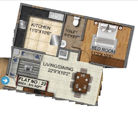 Floor plan of 1 BHK 810 Sq. Ft. Apartment in SR Suvarna Apartment, Bangalore