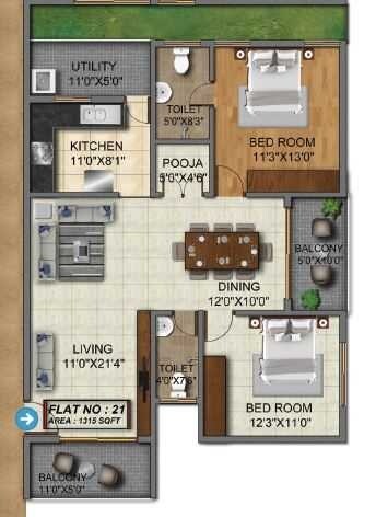 Floor plan of 2 BHK 1315 Sq. Ft. Apartment in SR Suvarna Apartment, Bangalore