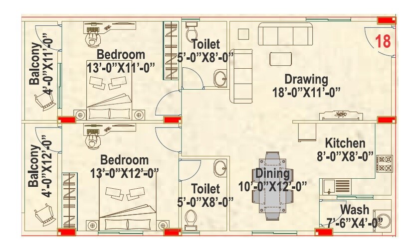 Floor plan of 2 BHK 1190 Sq. Ft. Apartment in Sravya Flute 2, Bangalore