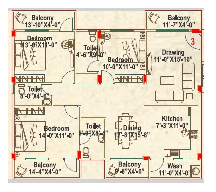 Floor plan of 3 BHK 1605 Sq. Ft. Apartment in Sravya Flute 2, Bangalore