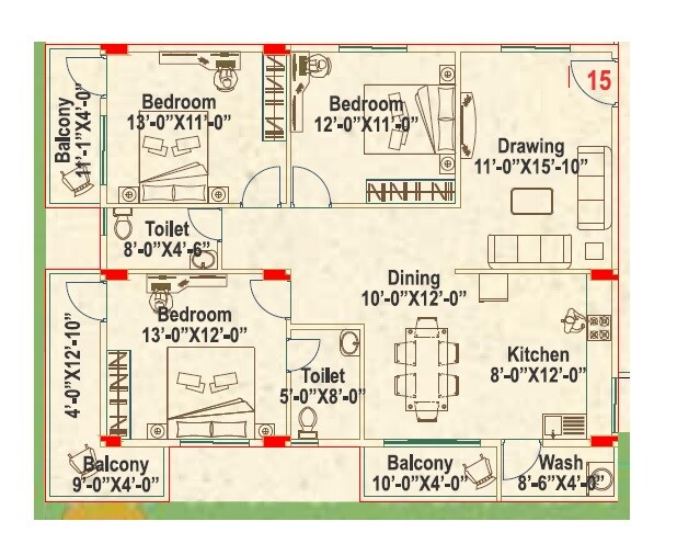Floor plan of 3 BHK 1785 Sq. Ft. Apartment in Sravya Flute 2, Bangalore