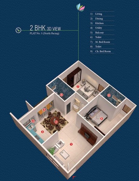 Floor plan of 2 BHK 1198 Sq. Ft. Apartment in Sree Adithya Elegant, Bangalore