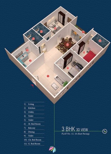 Floor plan of 3 BHK 1507 Sq. Ft. Apartment in Sree Adithya Elegant, Bangalore