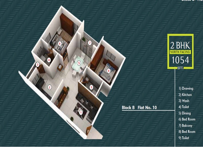Floor plan of 2 BHK 1054 Sq. Ft. Apartment in Sree Adithya Lotus, Bangalore