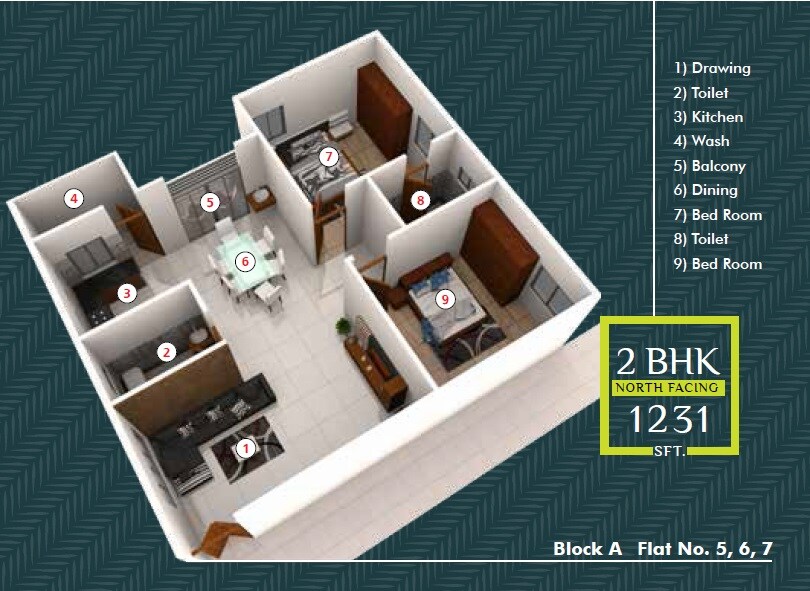 Floor plan of 2 BHK 1231 Sq. Ft. Apartment in Sree Adithya Lotus, Bangalore