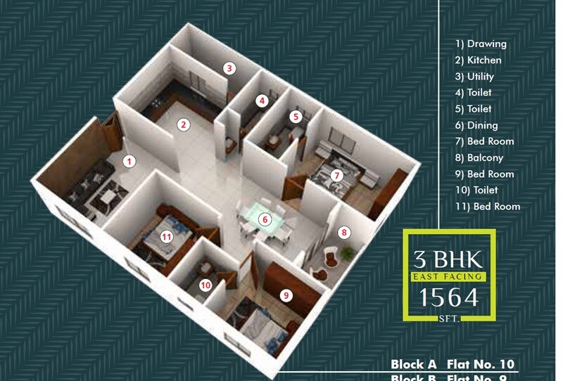 Floor plan of 3 BHK 1564 Sq. Ft. Apartment in Sree Adithya Lotus, Bangalore