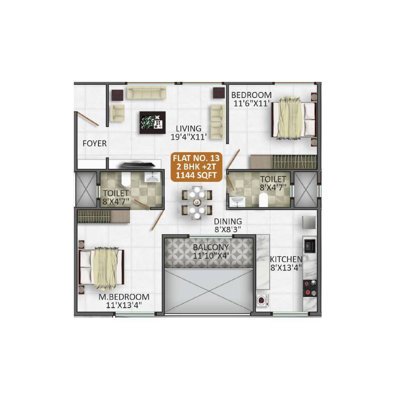 Floor plan of 2 BHK 1144 Sq. Ft. Apartment in Sree Krishna Lakefront, Bangalore