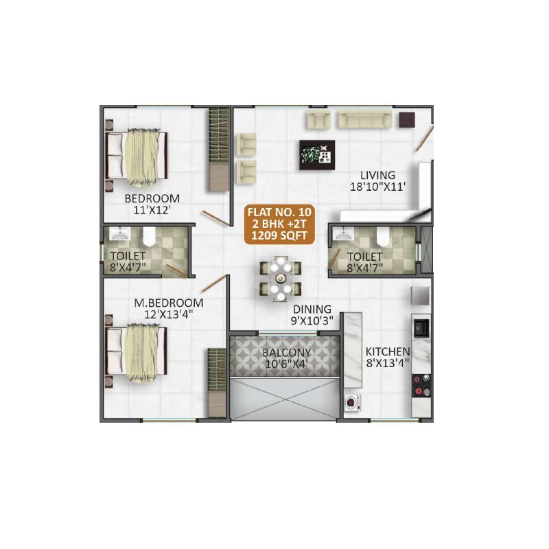 Floor plan of 2 BHK 1209 Sq. Ft. Apartment in Sree Krishna Lakefront, Bangalore