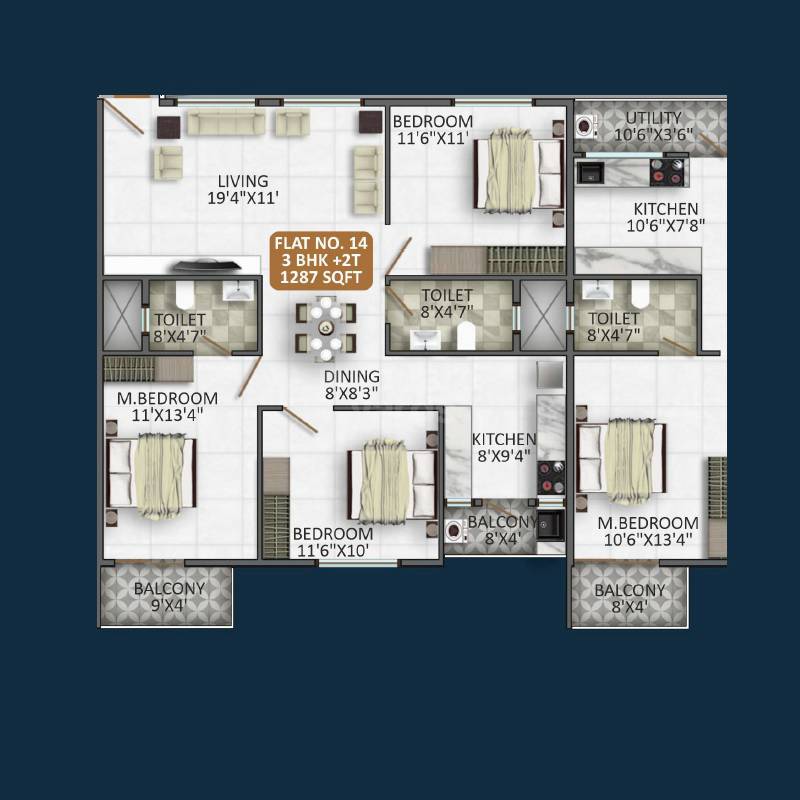 Floor plan of 3 BHK 1287 Sq. Ft. Apartment in Sree Krishna Lakefront, Bangalore
