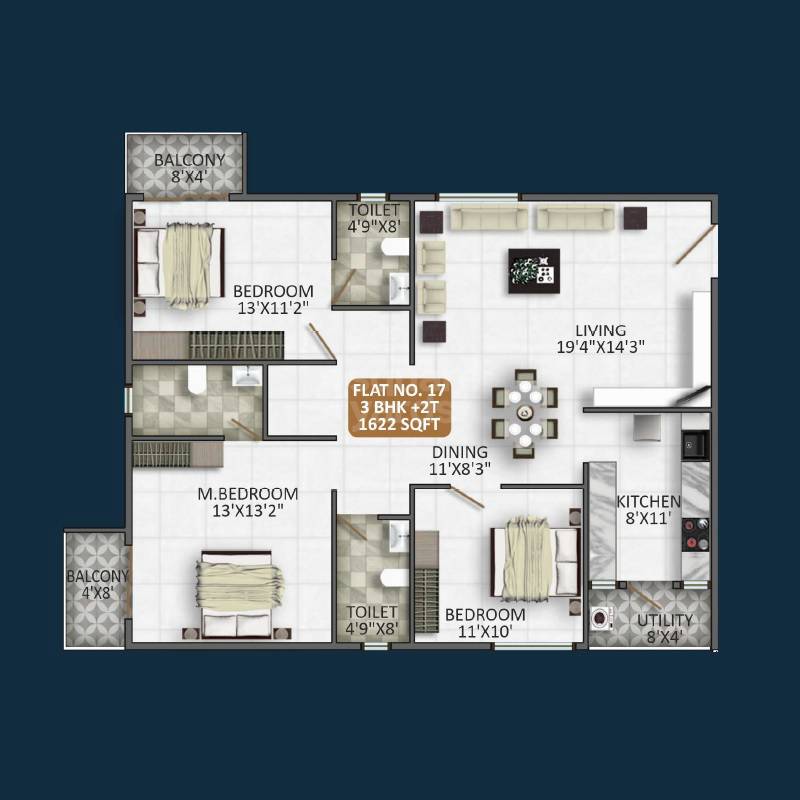 Floor plan of 3 BHK 1622 Sq. Ft. Apartment in Sree Krishna Lakefront, Bangalore