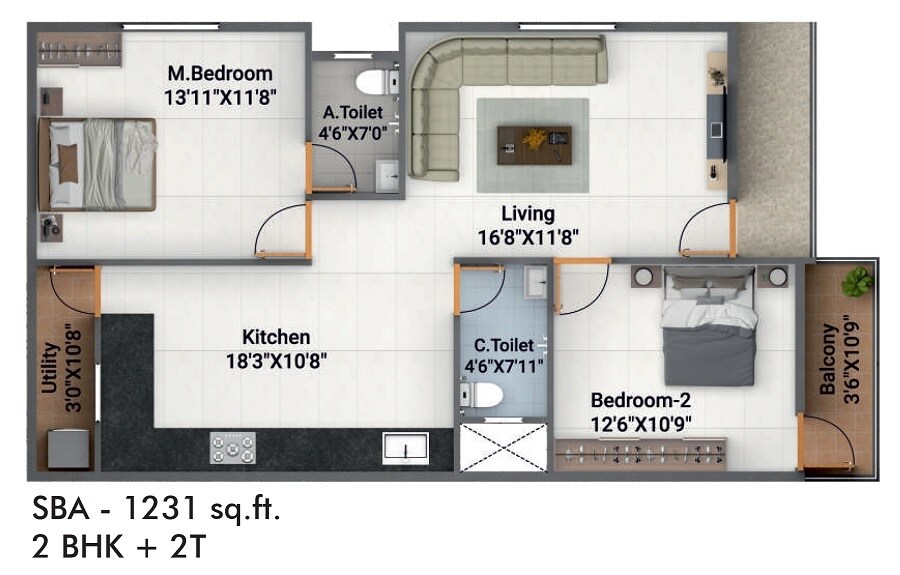 Floor plan of 2 BHK 1243 Sq. Ft. Apartment in Sree Lakshmi Vallabha Residency, Bangalore