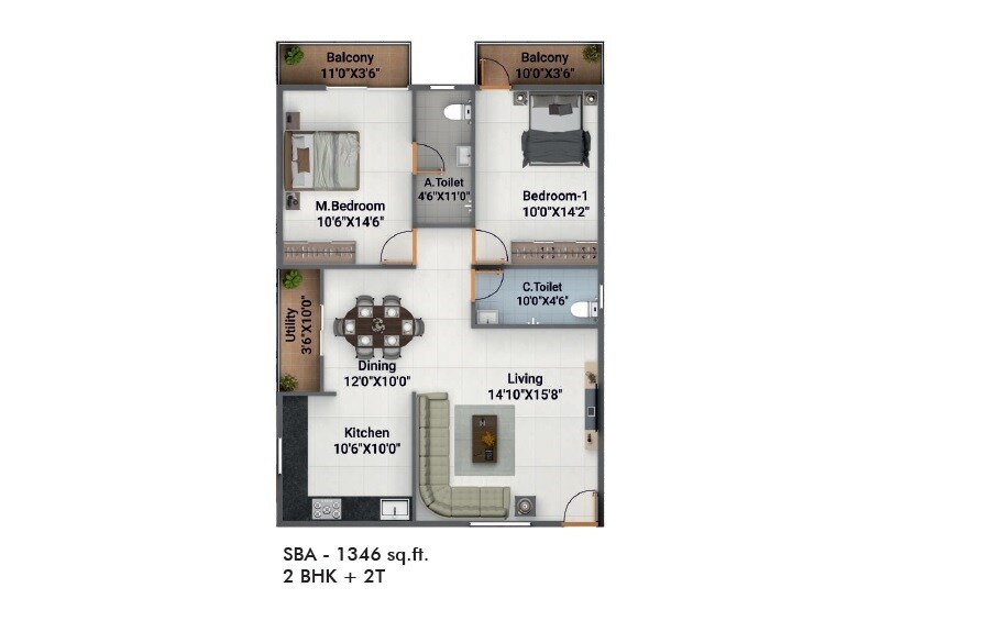 Floor plan of 2 BHK 1346 Sq. Ft. Apartment in Sree Lakshmi Vallabha Residency, Bangalore