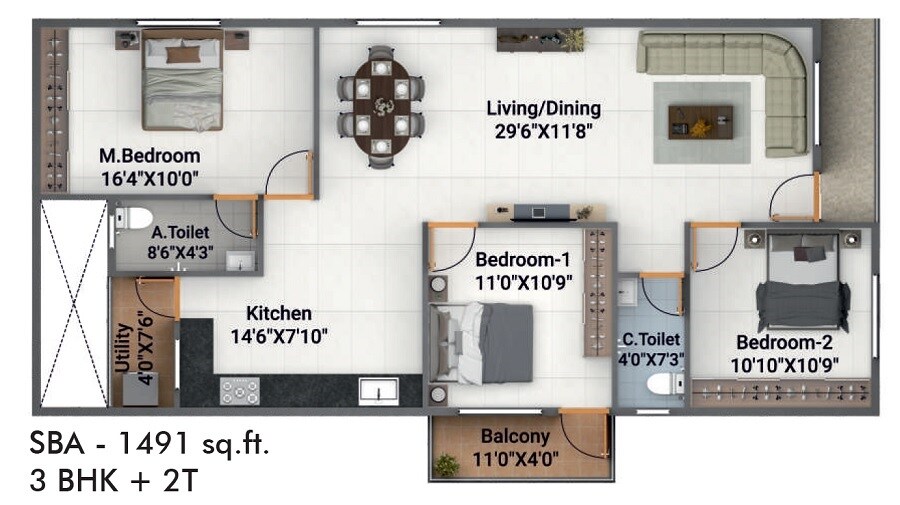 Floor plan of 3 BHK 1483 Sq. Ft. Apartment in Sree Lakshmi Vallabha Residency, Bangalore