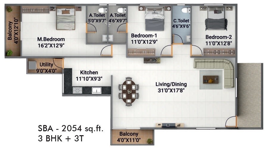 Floor plan of 3 BHK 2054 Sq. Ft. Apartment in Sree Lakshmi Vallabha Residency, Bangalore