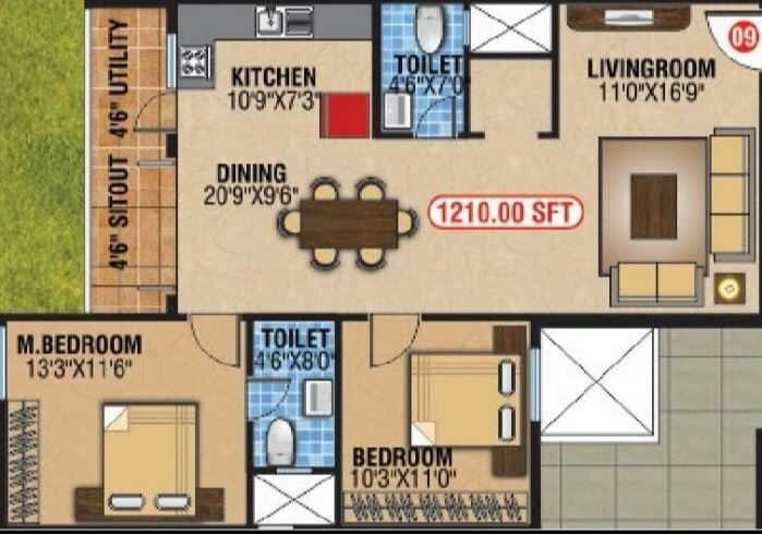 Floor plan of 2 BHK 1095 Sq. Ft. Apartment in Sree Manor, Bangalore