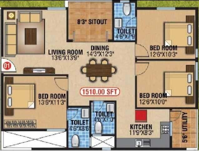 Floor plan of 3 BHK 1650 Sq. Ft. Apartment in Sree Manor, Bangalore