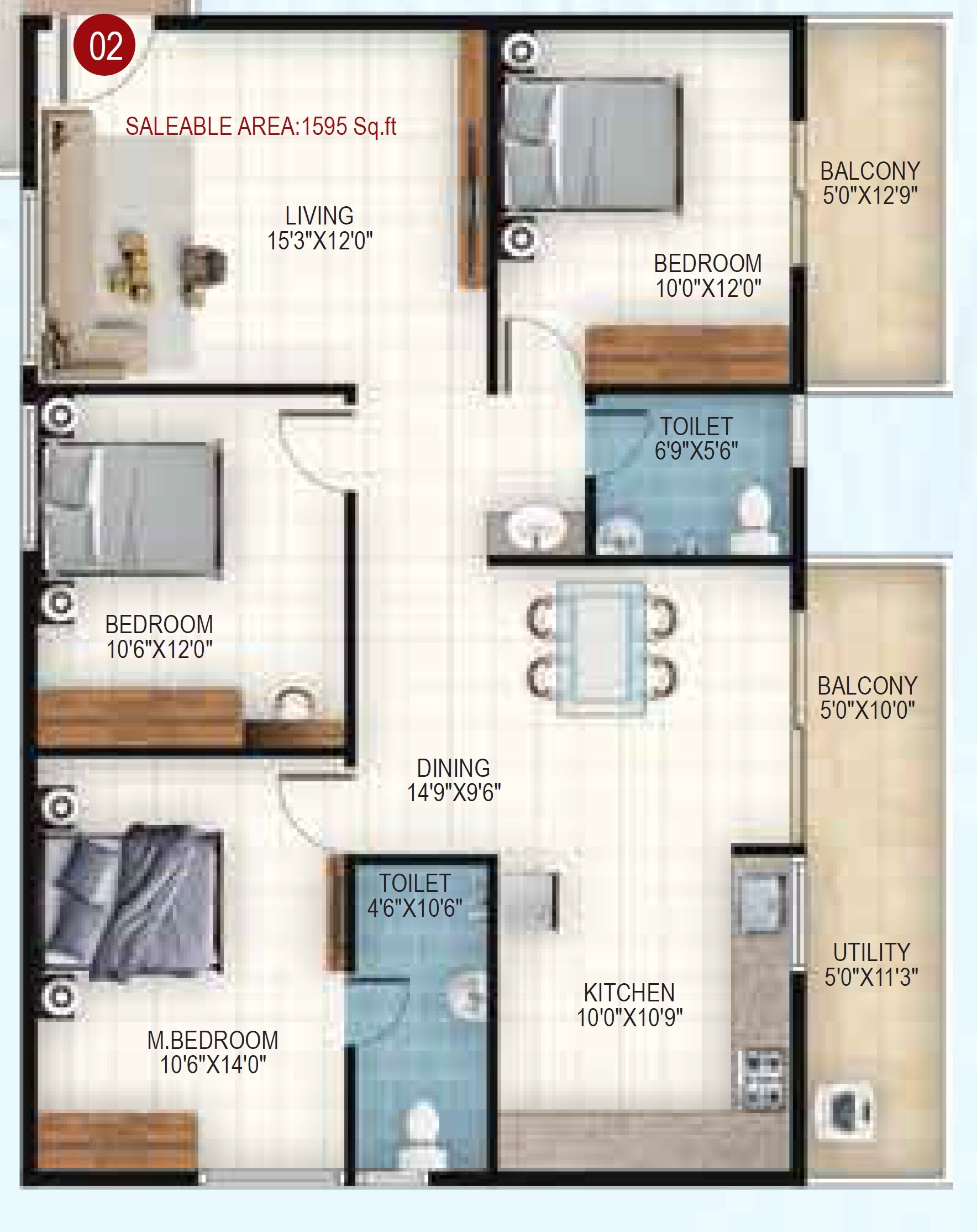 Floor plan of 3 BHK 1595 Sq. Ft. Apartment in Sree Nidhi Brindhavan, Bangalore