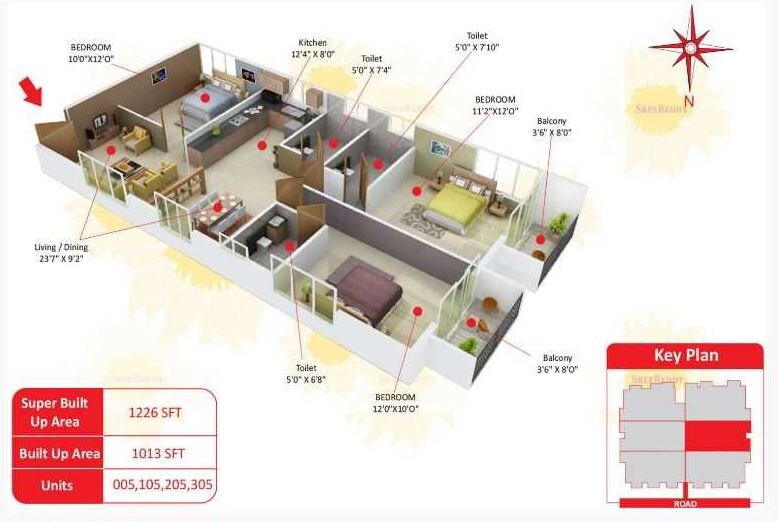 Floor plan of 3 BHK 1226 Sq. Ft. Apartment in Sree Reddy Ceyone, Bangalore
