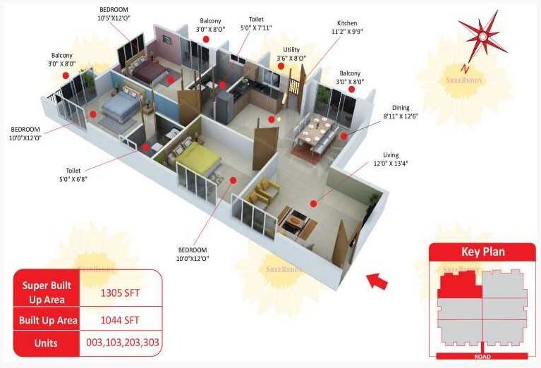 Floor plan of 3 BHK 1305 Sq. Ft. Apartment in Sree Reddy Ceyone, Bangalore