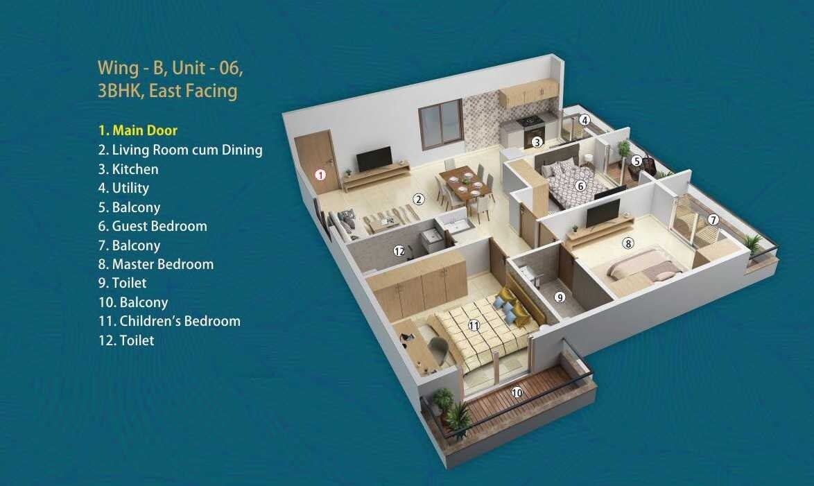 Floor plan of 3 BHK 1230 Sq. Ft. Apartment in Sree Sai Sunshine, Bangalore