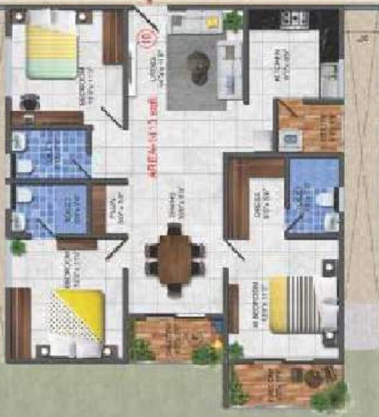 Floor plan of 3 BHK 1413 Sq. Ft. Apartment in Sree Samruddhi, Bangalore
