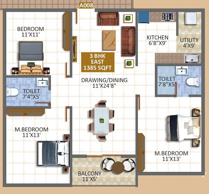 3 BHK 1385 Sq. Ft. Apartment