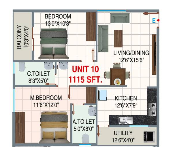 Floor plan of 2 BHK 1115 Sq. Ft. Apartment in Sreenidhi E City, Bangalore