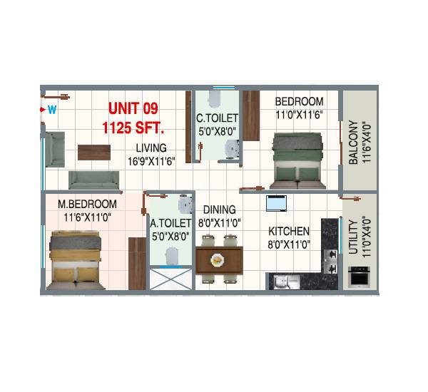 Floor plan of 2 BHK 1125 Sq. Ft. Apartment in Sreenidhi E City, Bangalore
