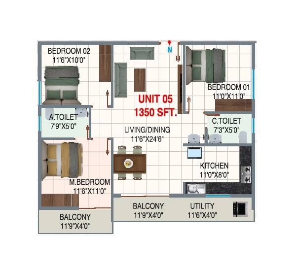 Floor plan of 3 BHK 1350 Sq. Ft. Apartment in Sreenidhi E City, Bangalore