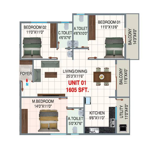 Floor plan of 3 BHK 1605 Sq. Ft. Apartment in Sreenidhi E City, Bangalore