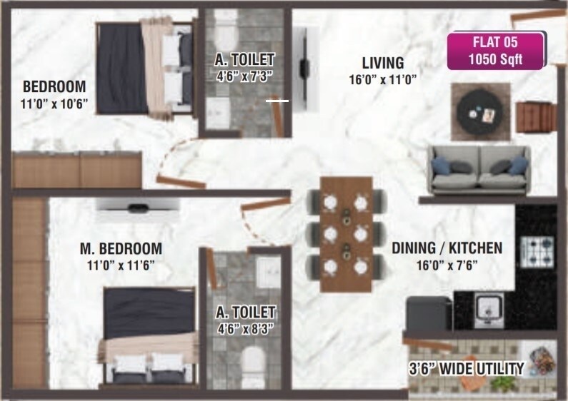 Floor plan of 2 BHK 1050 Sq. Ft. Apartment in Sreevari Ganga Homes, Bangalore