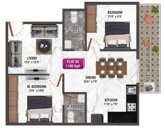 Floor plan of 2 BHK 1100 Sq. Ft. Apartment in Sreevari Ganga Homes, Bangalore