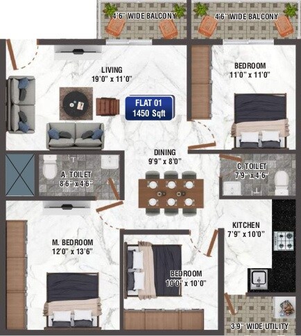 Floor plan of 3 BHK 1450 Sq. Ft. Apartment in Sreevari Ganga Homes, Bangalore