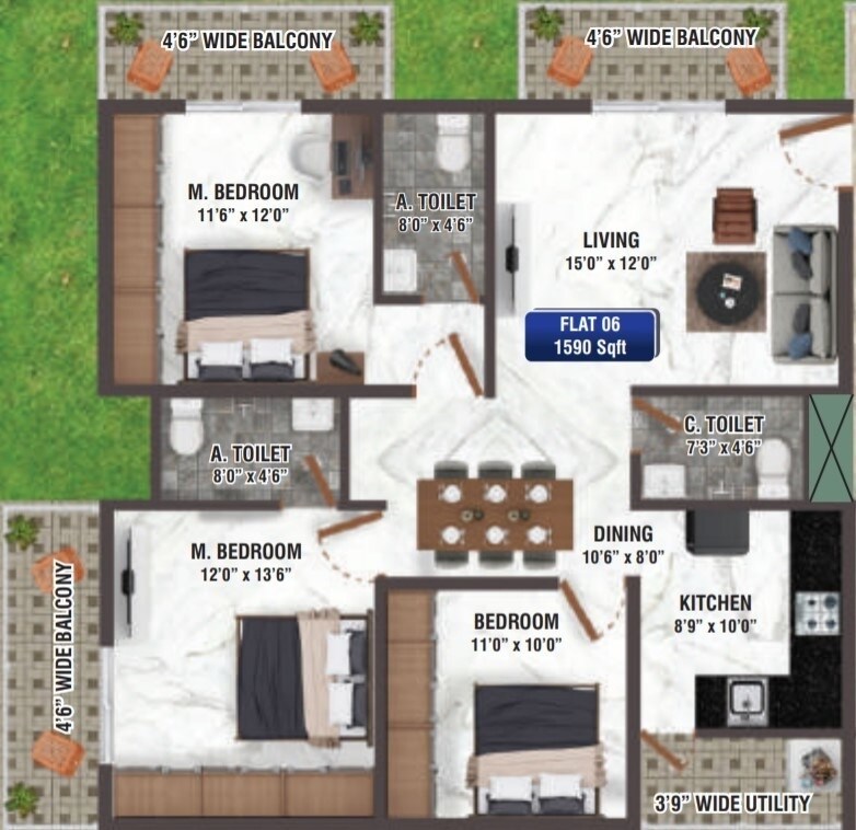 Floor plan of 3 BHK 1590 Sq. Ft. Apartment in Sreevari Ganga Homes, Bangalore