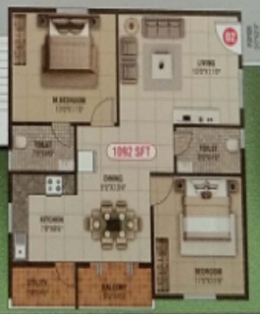 Floor plan of 2 BHK 1092 Sq. Ft. Apartment in Sri Balaji Elite Bangalore, Bangalore