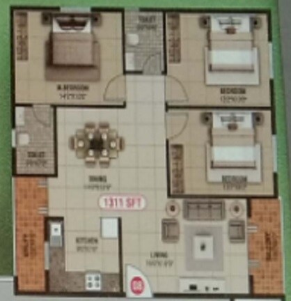 Floor plan of 3 BHK 1315 Sq. Ft. Apartment in Sri Balaji Elite Bangalore, Bangalore