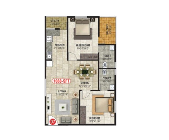 Floor plan of 2 BHK 1088 Sq. Ft. Apartment in Sri Balaji Emerald, Bangalore