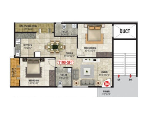 Floor plan of 2 BHK 1190 Sq. Ft. Apartment in Sri Balaji Emerald, Bangalore